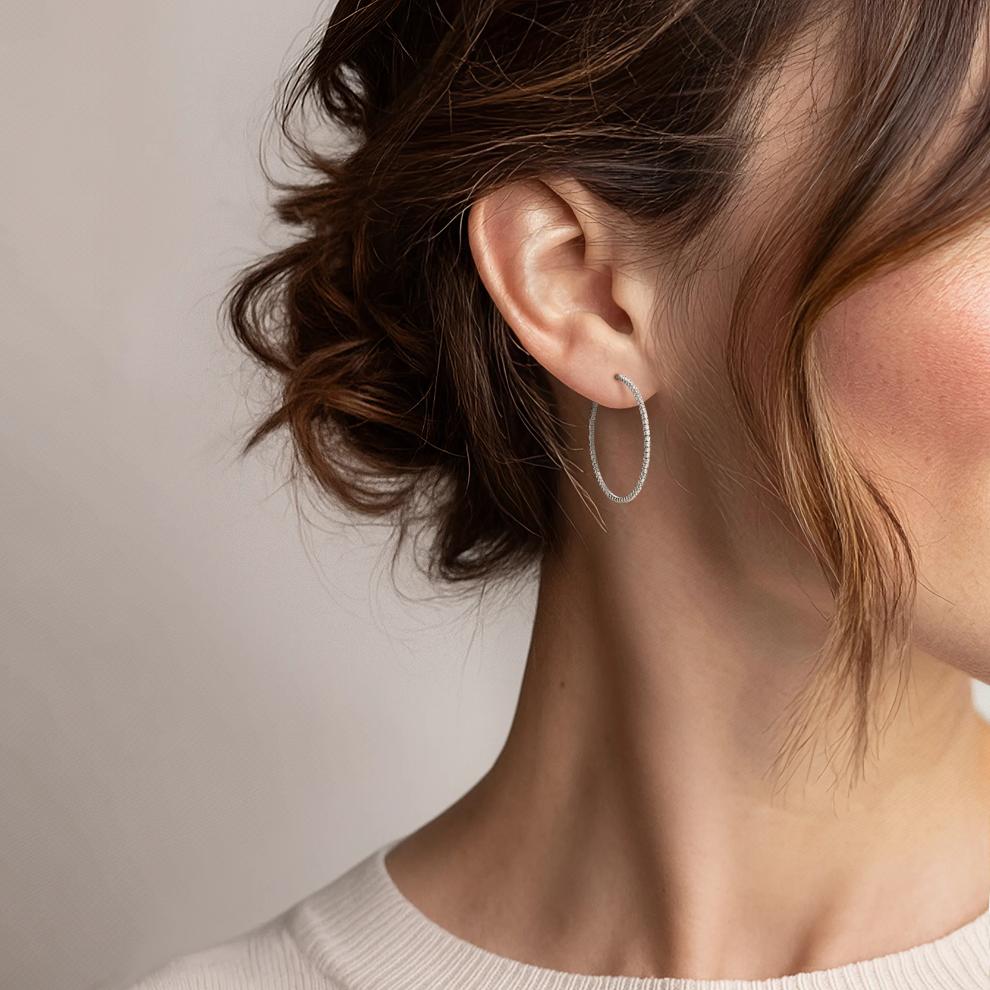 Lab Created White Sapphire Hoop Earrings in Sterling Silver – Image 3 of 3
