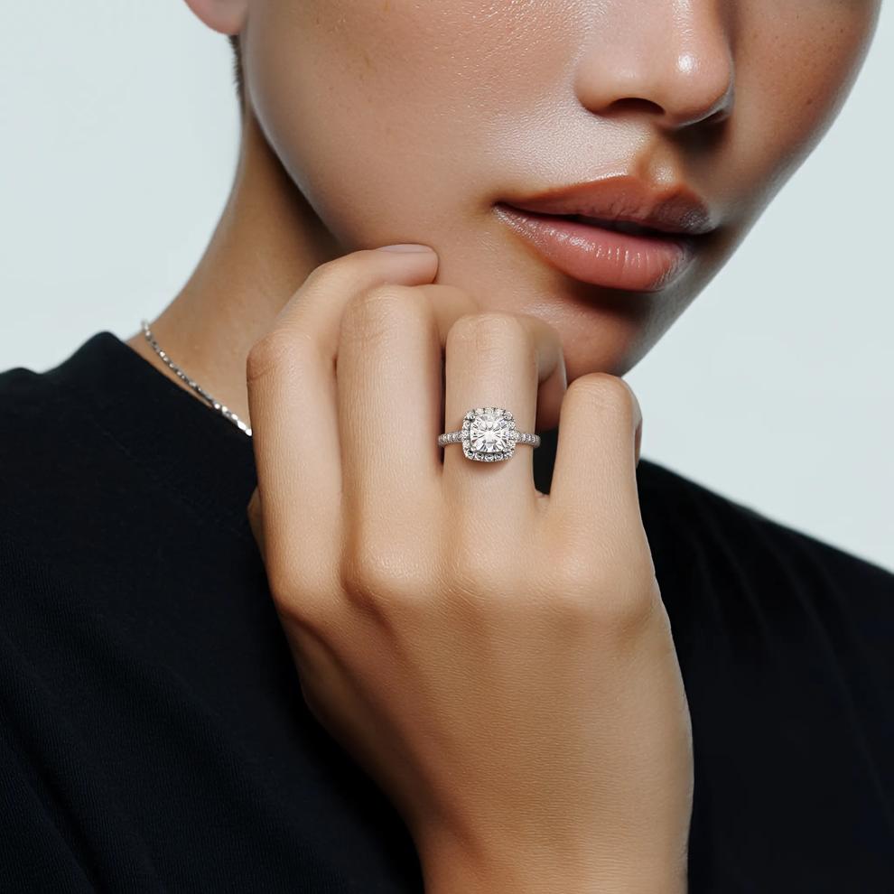 Cushion-Cut Moissanite Halo Ring with Pav&eacute; Band in 14K White Gold (2 7/8 ct. dew) – Image 4 of 4