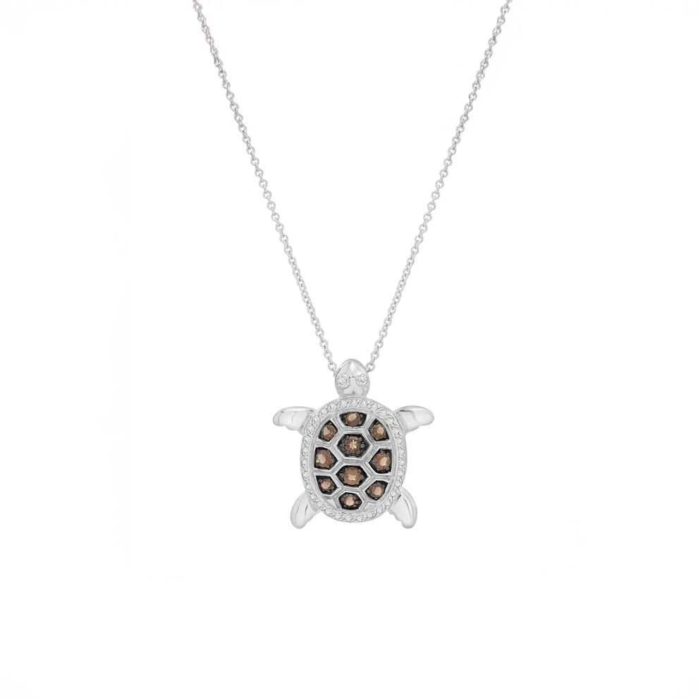Lab-Created White Sapphire and Smoky Brown Quartz Turtle Pendant in Sterling Silver – Image 1 of 3
