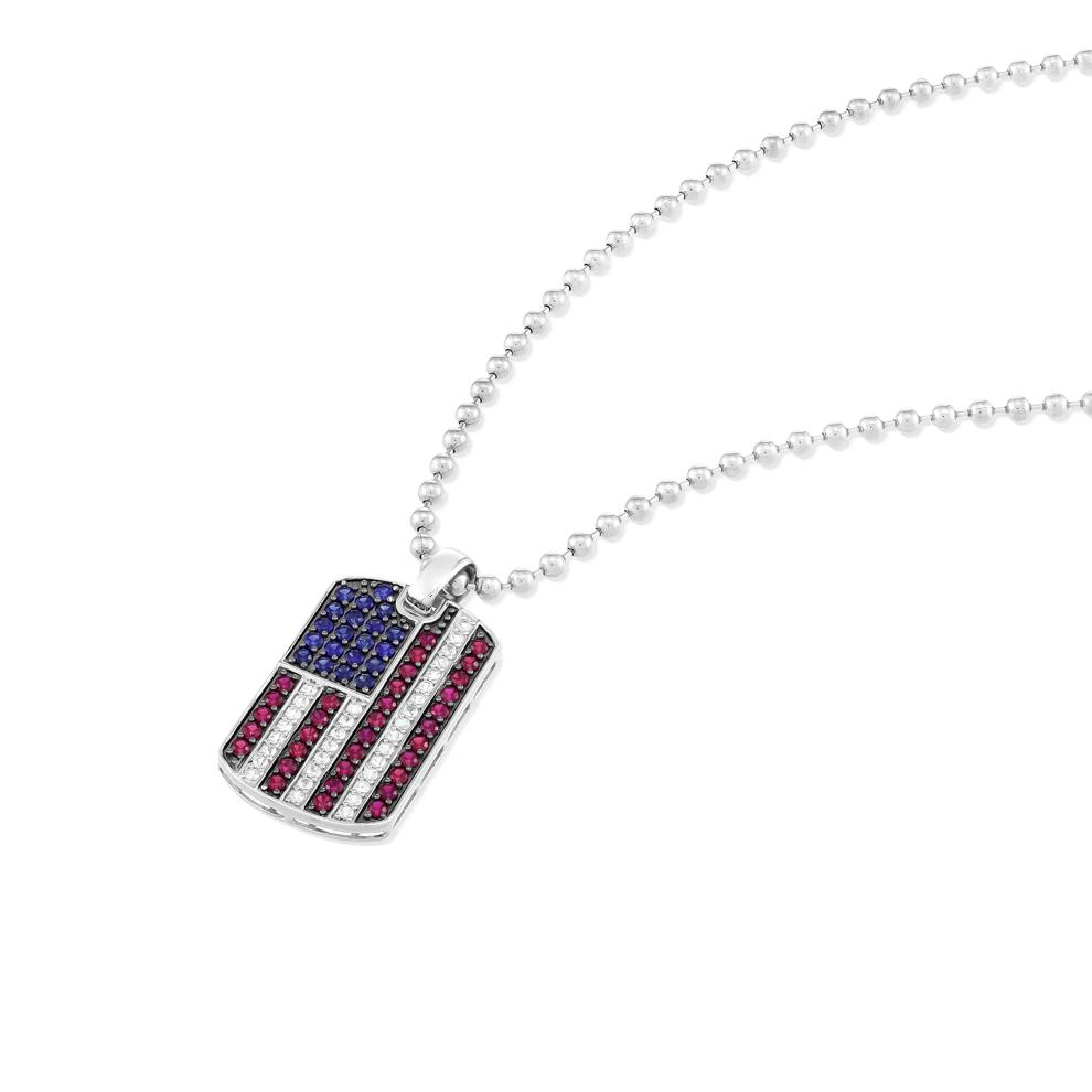 Lab-Created Blue Sapphire, Lab-Created Ruby &amp; Lab-Created White Sapphire American Flag Dog Tag Pendant Necklace in Sterling Silver – Image 4 of 4