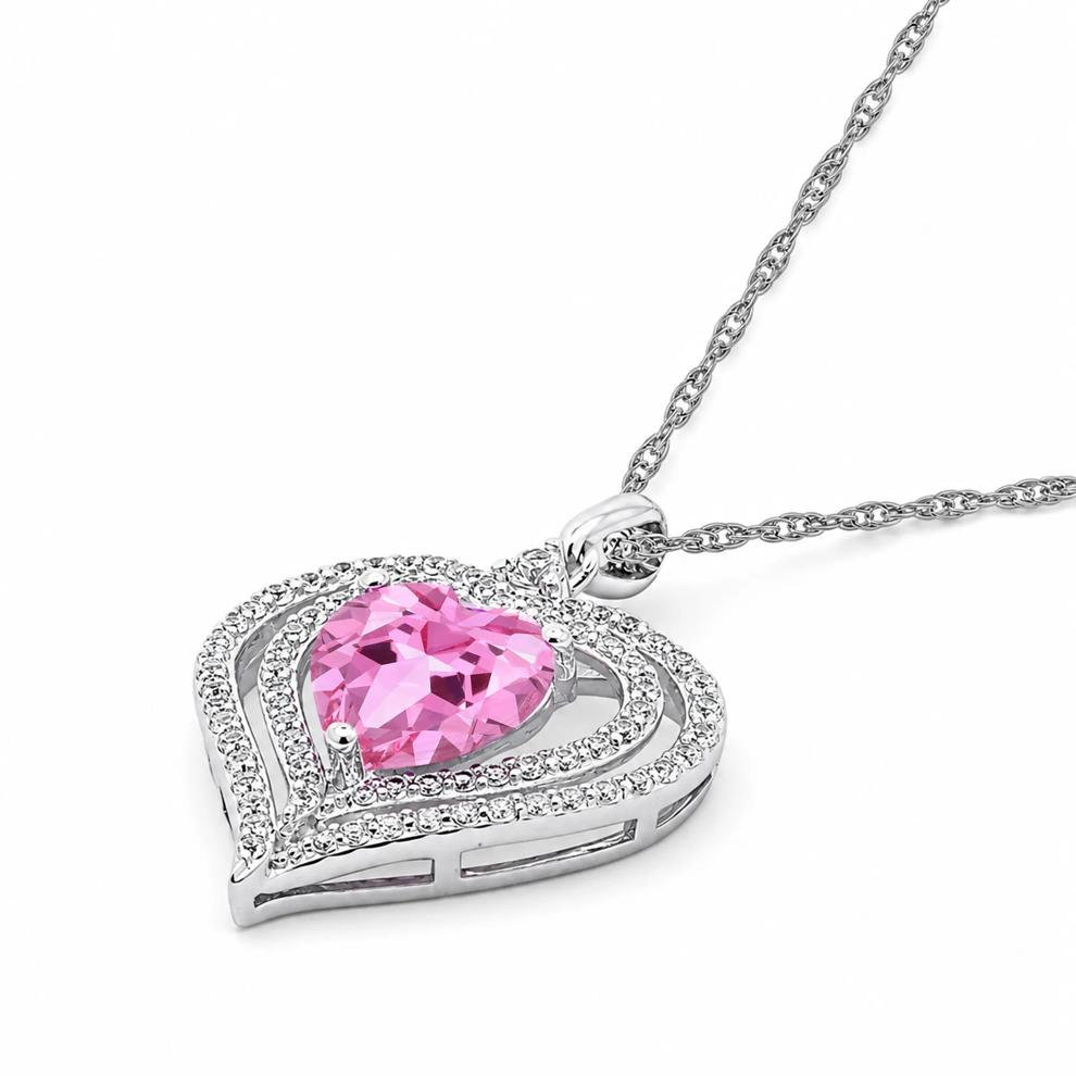 Lab-Created Pink Sapphire &amp; Lab-Created White Sapphire Heart Pendant in Sterling Silver – Image 4 of 4
