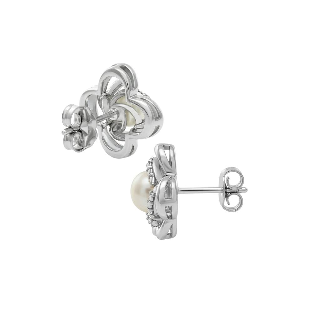 Freshwater Cultured Pearl &amp; Diamond Accent Clover Stud Earrings in Sterling Silver – Image 2 of 2