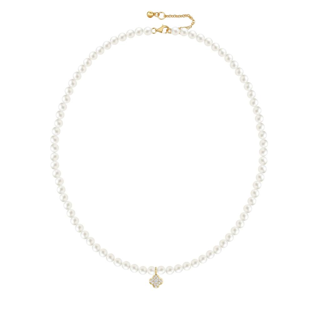 Freshwater Cultured Pearl Necklace With Diamond Clover Drop Pendant in 10K Yellow Gold (1/5 ct. tw.) – Image 3 of 4