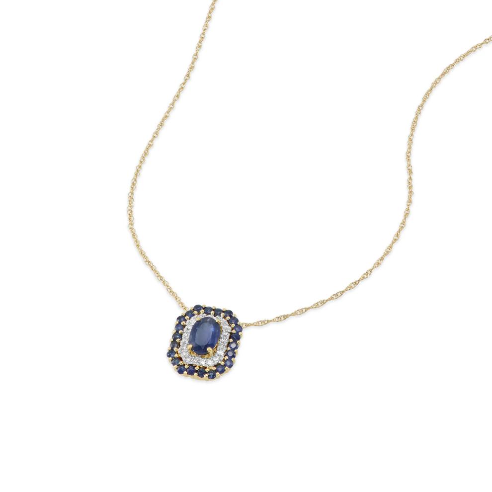 Blue Sapphire &amp; Diamond Accent Double Halo Pendant in 10K Yellow Gold – Image 3 of 4