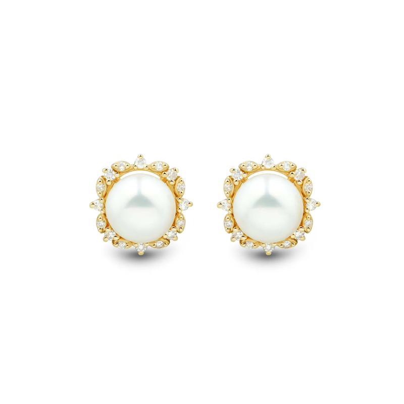 Button Freshwater Cultured Pearl and Diamond Earrings in 10K Yellow Gold &#40;1/7 ct. tw.&#41; – Image 2 of 2