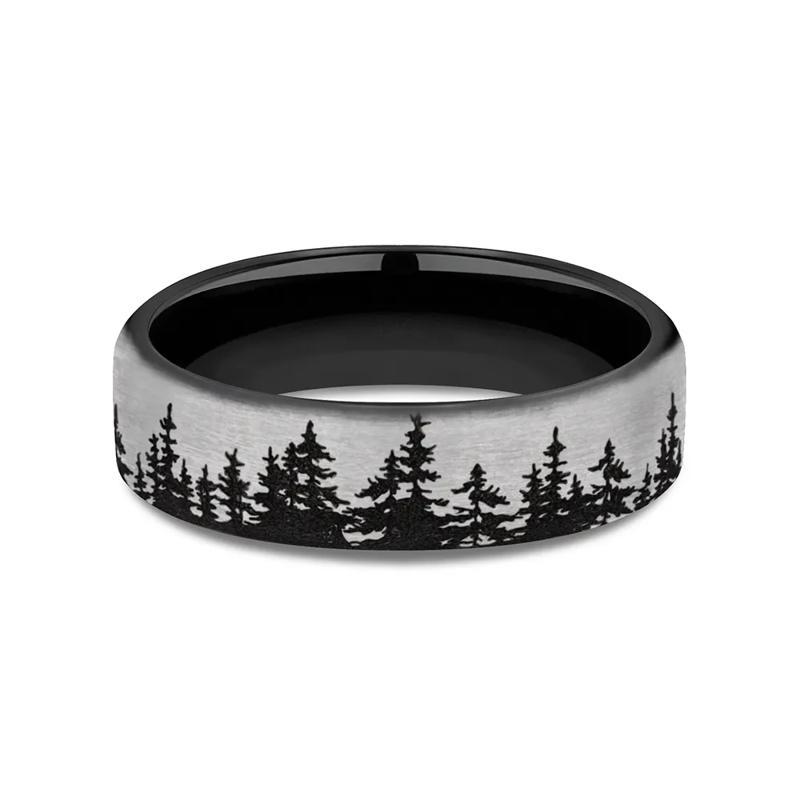 Men&#39;s Engraved Wedding Band with Tree Pattern in Black Titanium, 6.5mm – Image 1 of 3