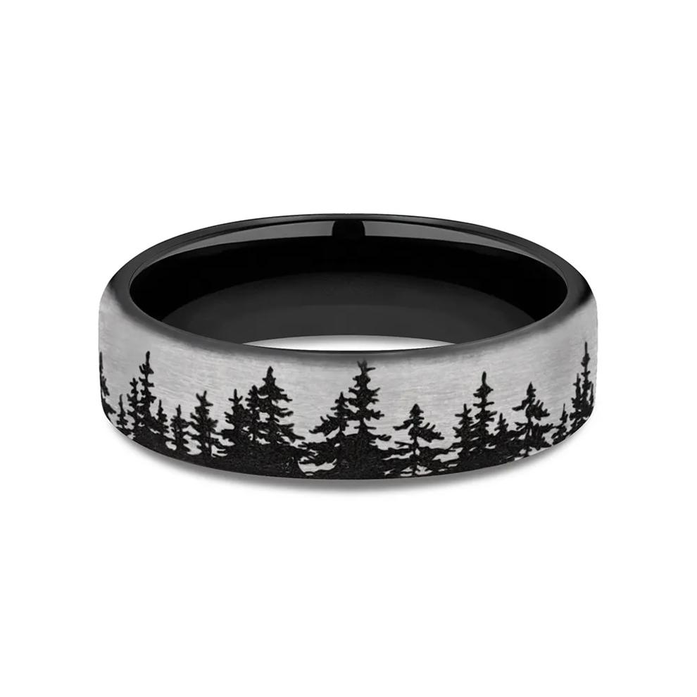Men's Engraved Wedding Band with Tree Pattern in Black Titanium, 6.5mm – Image 1 of 3