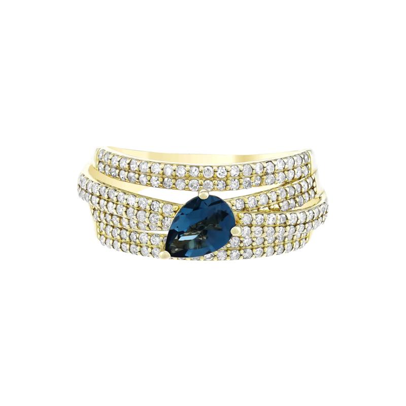 Pear-Shaped London Blue Topaz and Diamond Multi-Row Ring in 10K Yellow Gold &#40;3/4 ct. tw.&#41; – Image 1 of 3