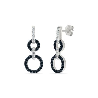 Black and White Diamond Circle Link Earrings in Sterling Silver