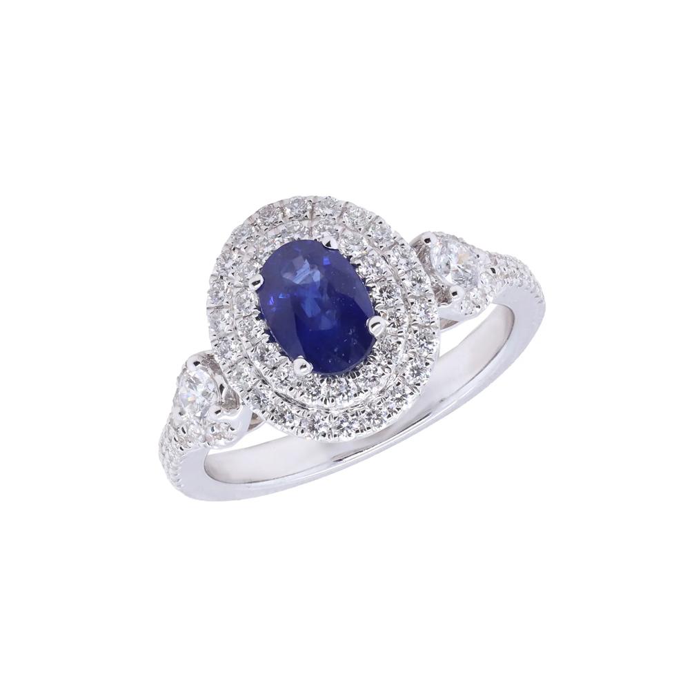 Blue Sapphire &amp; Diamond Double Halo Ring in 18K White Gold (3/4 ct. tw.) – Image 4 of 5