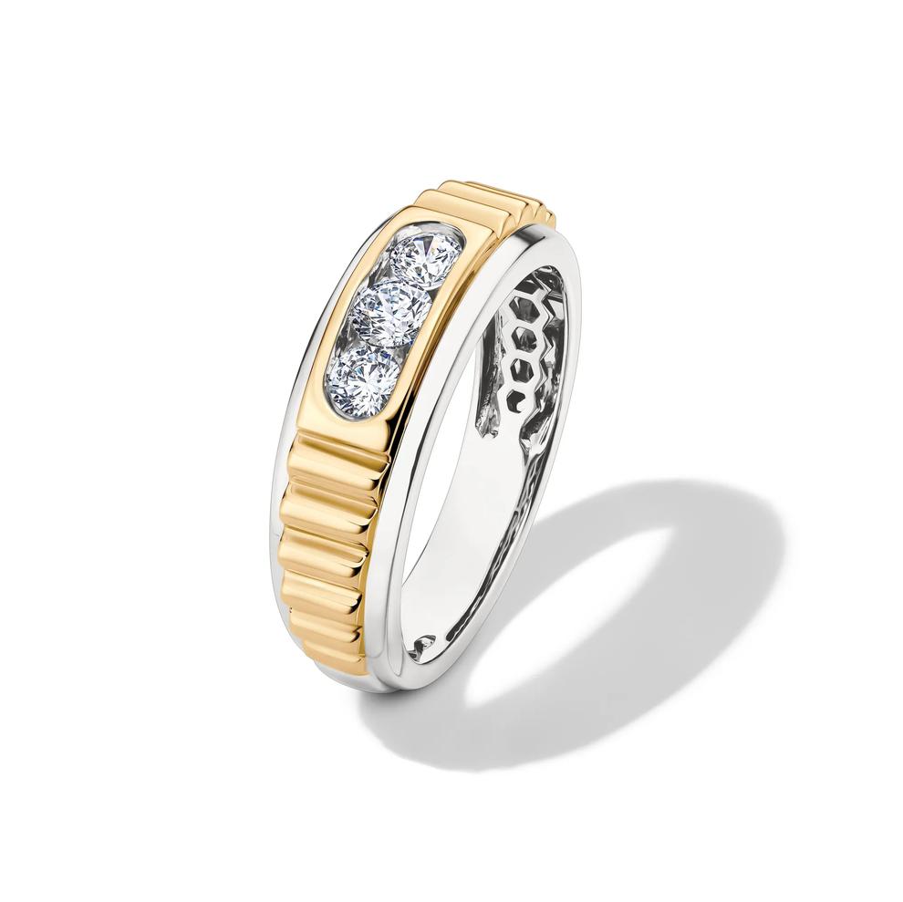 Men's Lab Grown Diamond Three-Stone Ribbed Band in 10K White &amp; Yellow Gold (1/4 ct. tw.) – Image 4 of 4