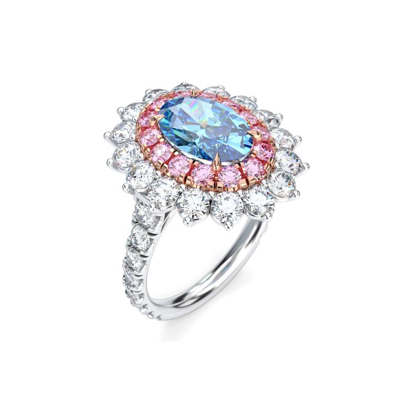 Lab Grown Diamond Oval-Shaped Blue, Pink and White Halo Engagement Ring in Platinum and 18K Rose Gold &#40;4 ct. tw.&#41; – Image 5 of 5