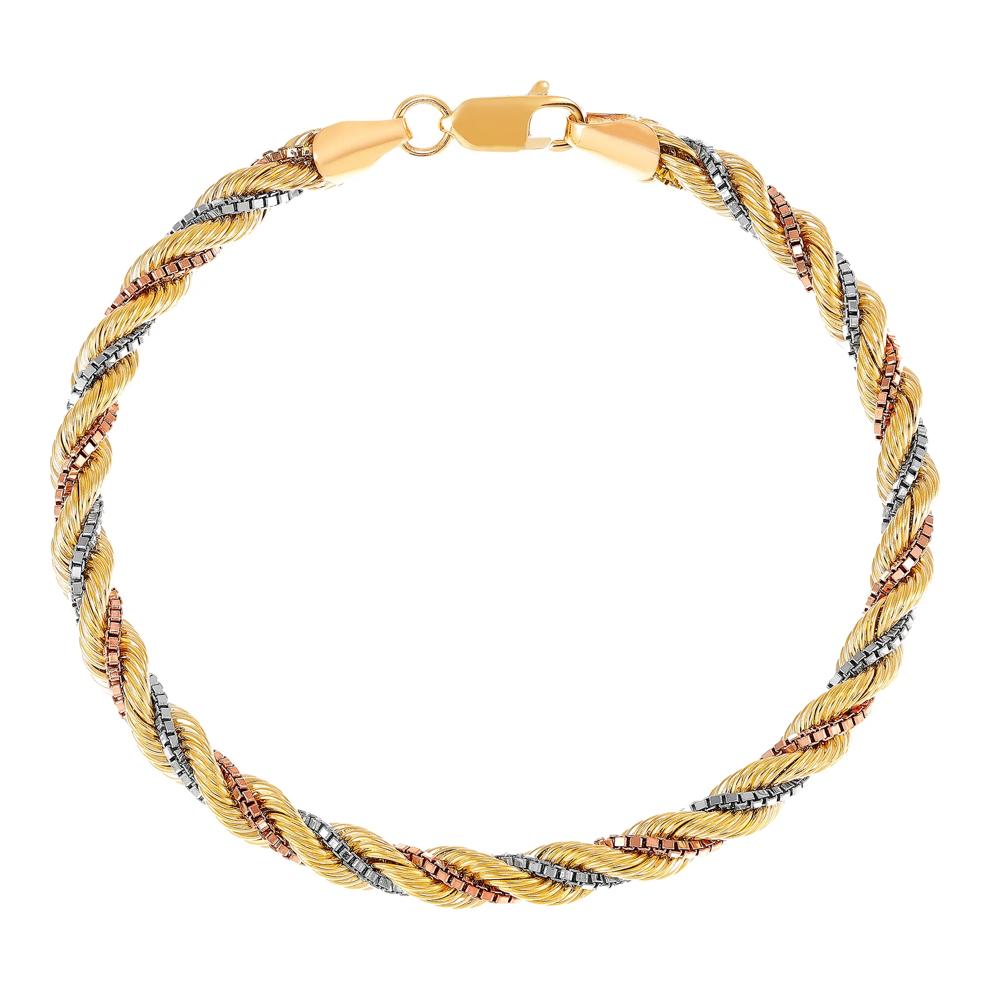 Tri-Color Gold Silk, Rope &amp; Box Chain Bracelet in 10K White, Yellow and Rose Gold – Image 1 of 1