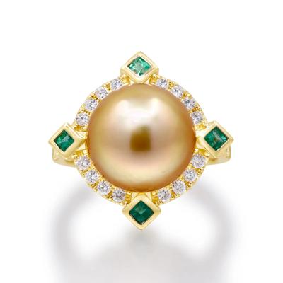 South Sea Pearl, Emerald & Diamond Ring in 14K Yellow Gold (3/8 ct. tw.)