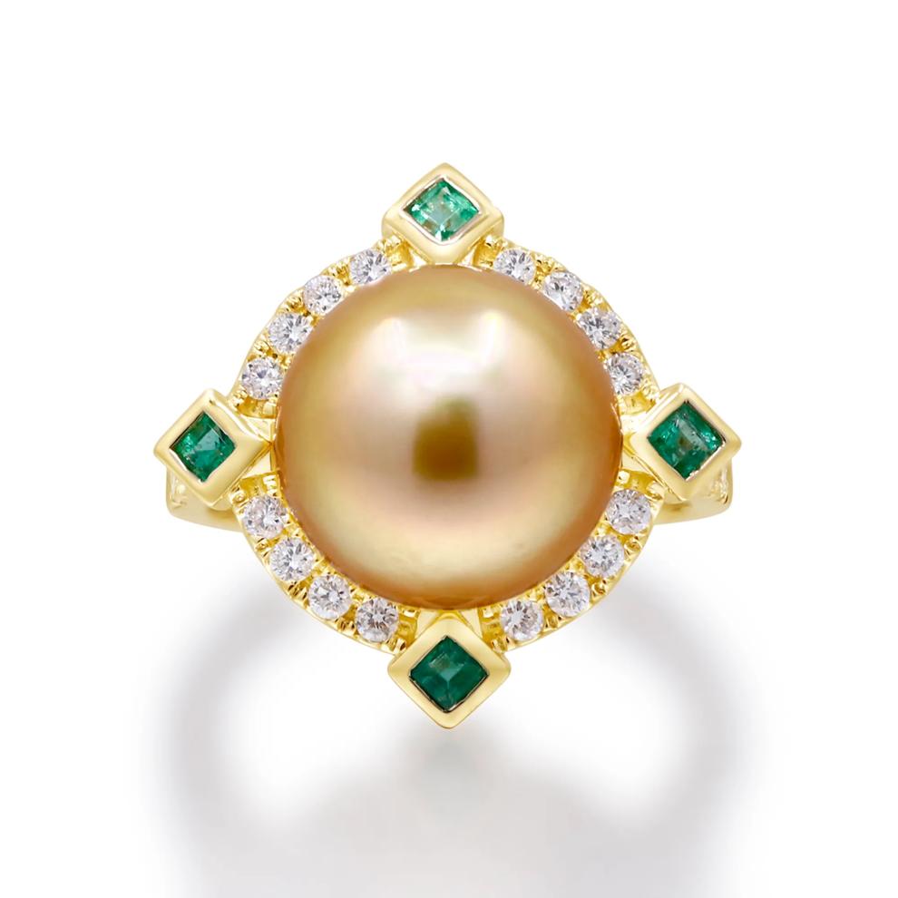 South Sea Pearl, Emerald &amp; Diamond Ring in 14K Yellow Gold (3/8 ct. tw.) – Image 1 of 4