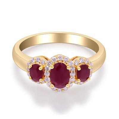 Oval Ruby & Diamond Three-Stone Halo Ring in 10K Yellow Gold (1/4 ct. tw.)