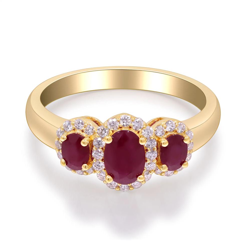 Oval Ruby &amp; Diamond Three-Stone Halo Ring in 10K Yellow Gold (1/4 ct. tw.) – Image 1 of 4