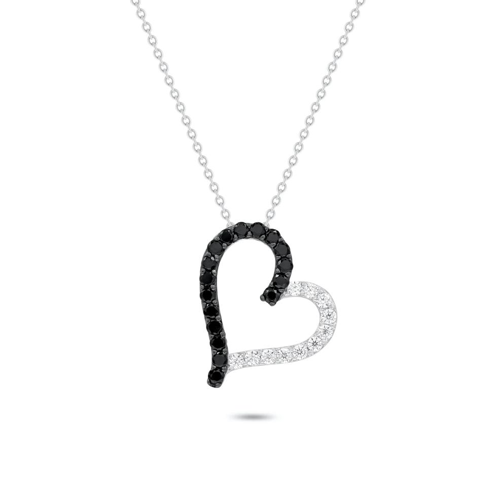 Black &amp; White Diamond Slanted Heart Pendant Necklace in Sterling Silver (1/2 ct. tw.) – Image 1 of 4