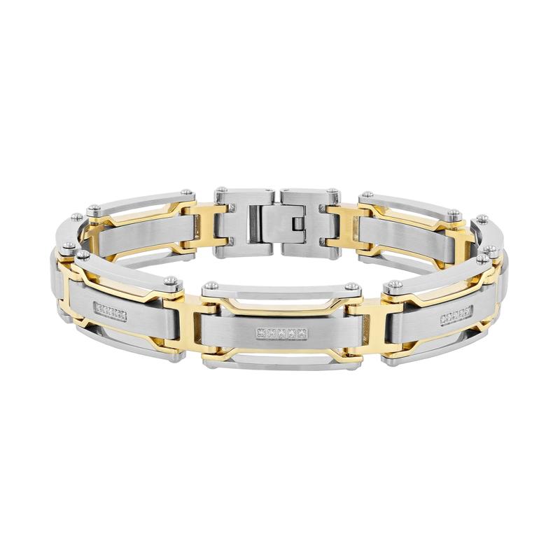 Diamond Link Bracelet in Stainless Steel and Yellow Ion-Plated Stainless Steel, 8.5&rdquo; &#40;1/7 ct. tw.&#41; – Image 1 of 3