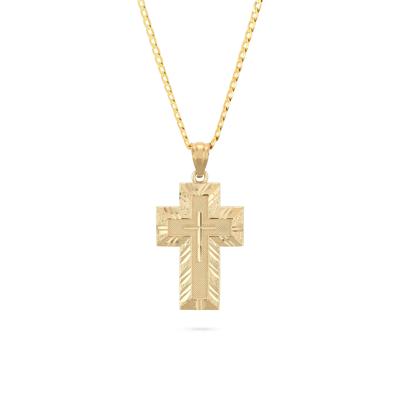 Textured Cross Pendant Curb Chain Necklace in 10K Yellow Gold