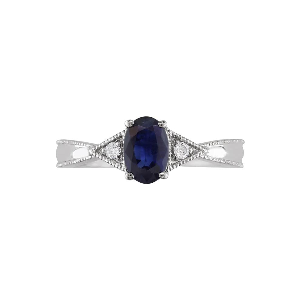 Oval Blue Sapphire &amp; Diamond Ring with Milgrain Detail in 14K White Gold – Image 1 of 4