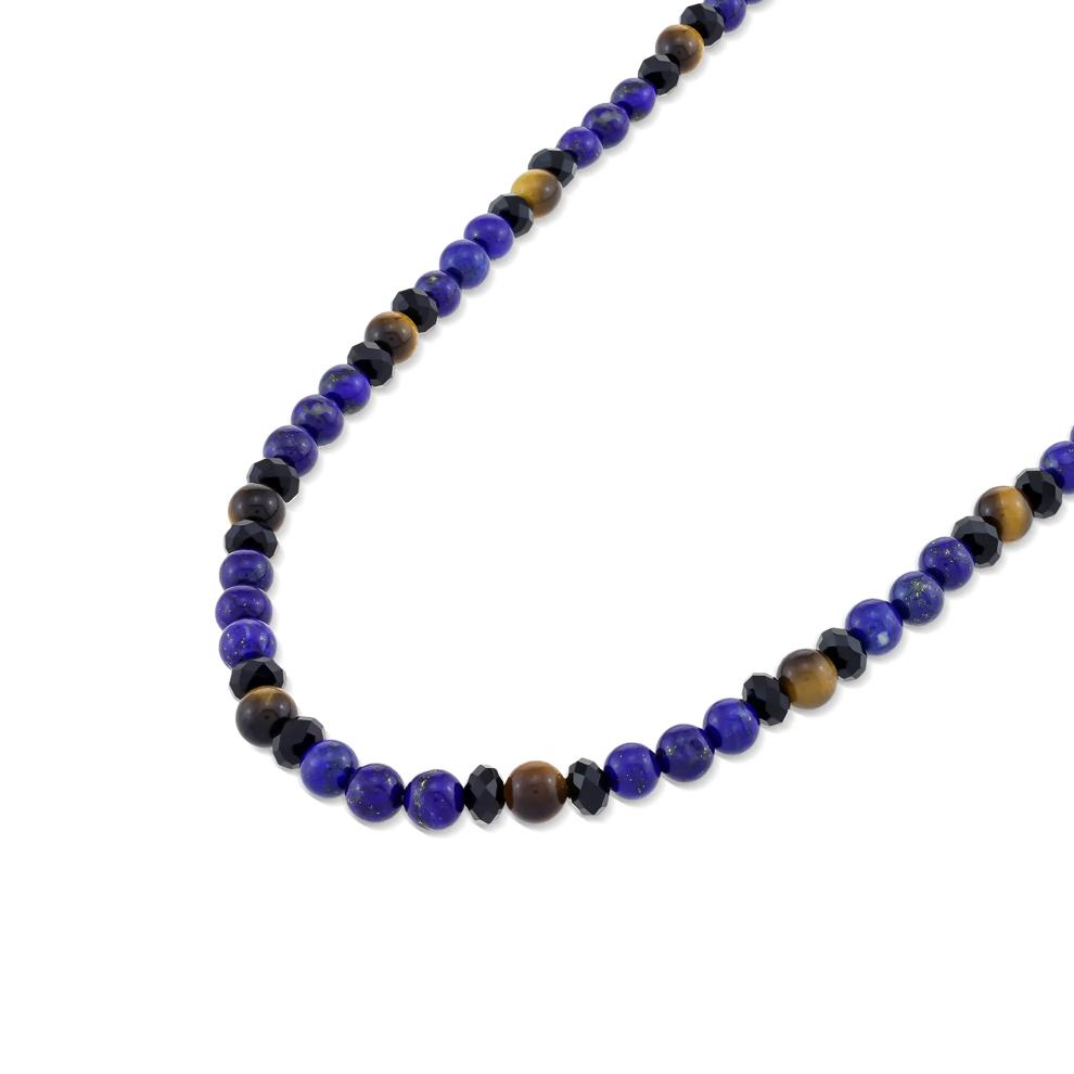 Men's Tiger's Eye, Blue Lapis, &amp; Black Agate Bead Necklace in 10K Yellow Gold – Image 4 of 4