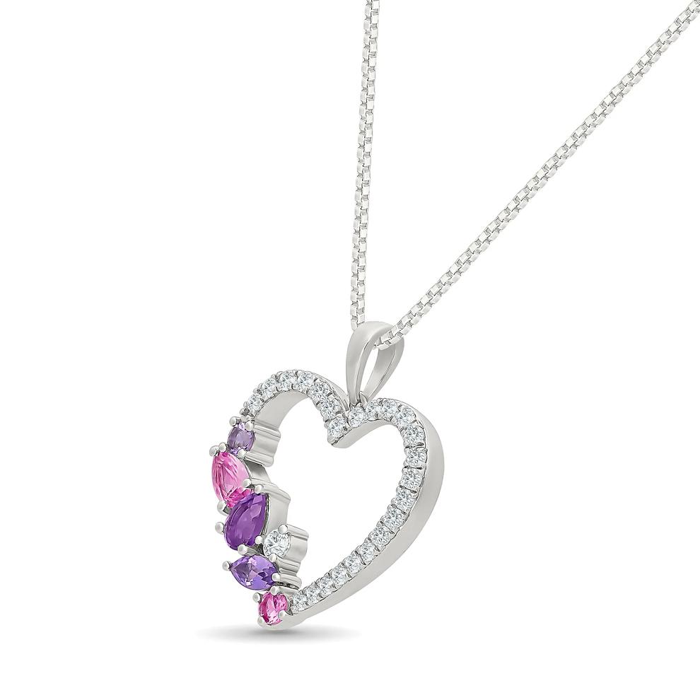 Lab-Created Pink Sapphire &amp; Amethyst Heart Pendant Necklace in Sterling Silver – Image 2 of 4