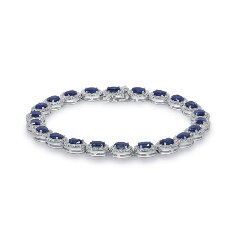 Oval-Shaped Blue Sapphire and Diamond Halo Bracelet in 14K White Gold &#40;1 1/4 ct. tw.&#41; – Image 1 of 3