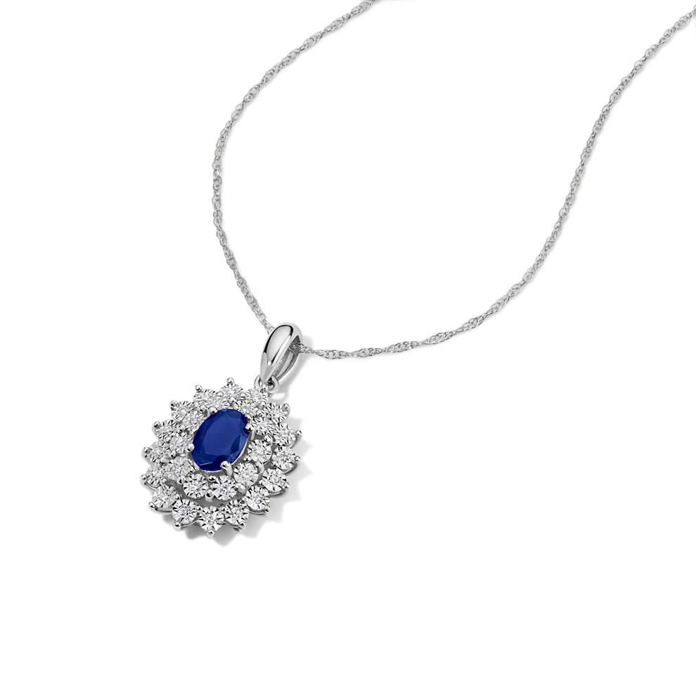 Oval Blue Sapphire &amp; Diamond Double Halo Pendant Necklace in 10K White Gold (1/10 ct. tw.) – Image 4 of 4