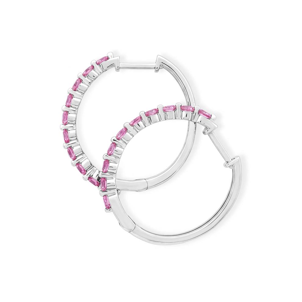 Lab-Created Pink Sapphire Round Hoop Earrings in Sterling Silver – Image 2 of 2