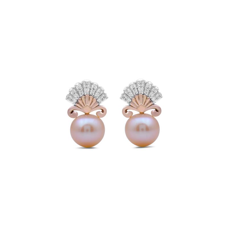 Ariel Pink Pearl and Diamond Shell Earrings in Sterling Silver and 10K Rose Gold &#40;1/7 ct. tw.&#41; – Image 2 of 2