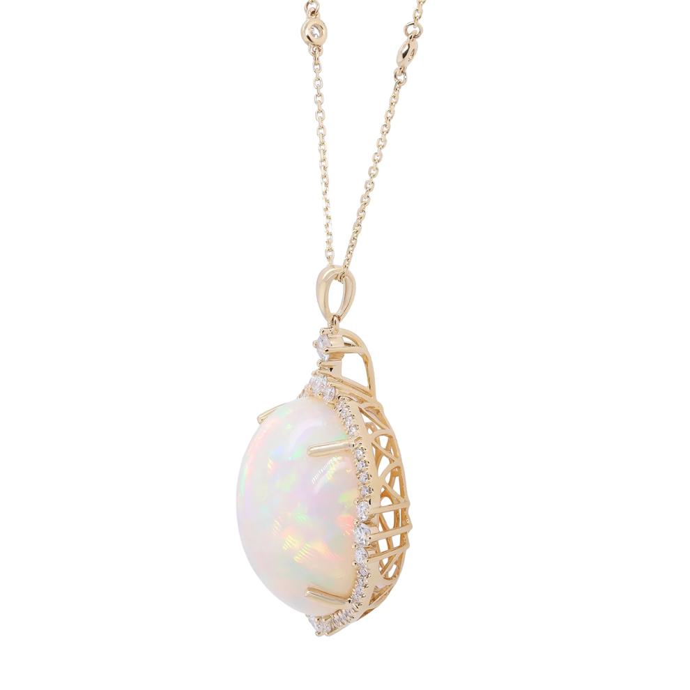 Oval Opal &amp; Diamond Halo Pendant Necklace in 14K Yellow Gold (7/8 ct. tw.) – Image 3 of 4