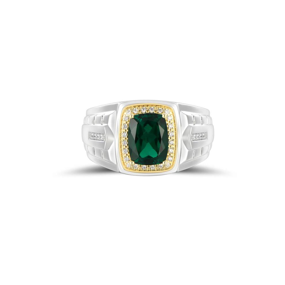 Men's Lab-Created Emerald and Diamond Ring in Sterling Silver and 10K Yellow Gold (1/8 ct. tw.) – Image 1 of 3