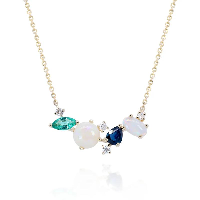 Australian Opal, Emerald, Blue Sapphire, and Diamond Accent Necklace in 10K Yellow Gold – Image 1 of 3