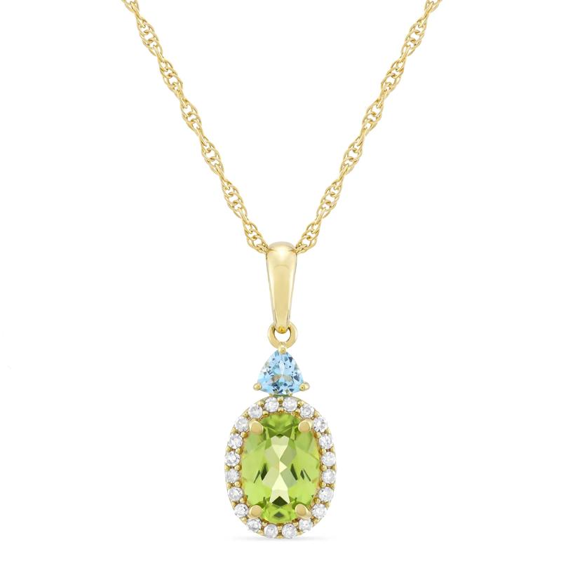 Oval Peridot, Blue Topaz &amp; Diamond Accent Pendant in 10K Yellow Gold – Image 1 of 3