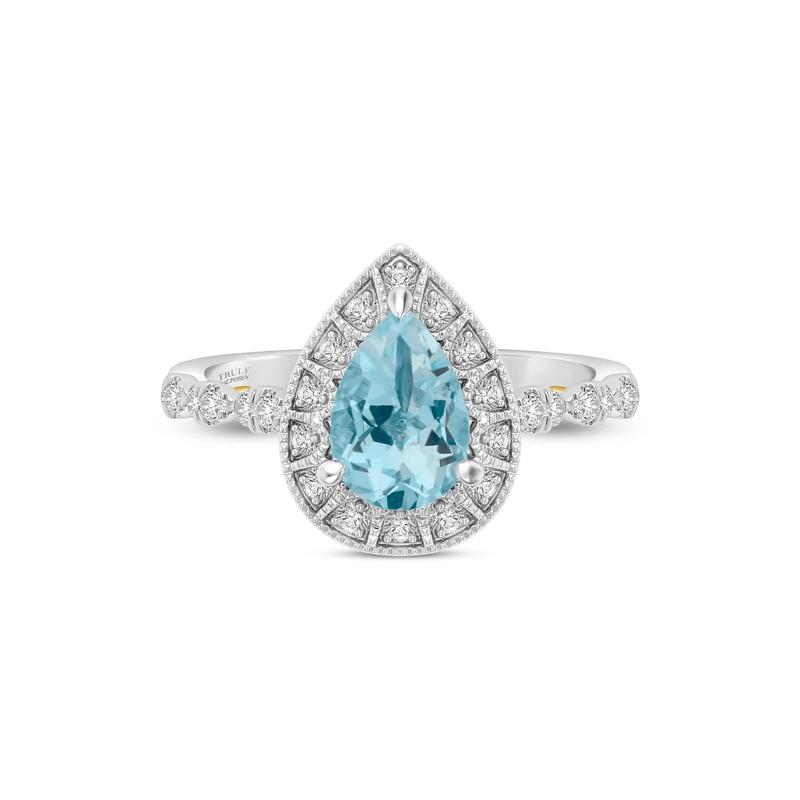 Pear-Shaped Blue Topaz and Diamond Engagement Ring in 14K White and Yellow Gold &#40;1/4 ct. tw.&#41; – Image 1 of 3