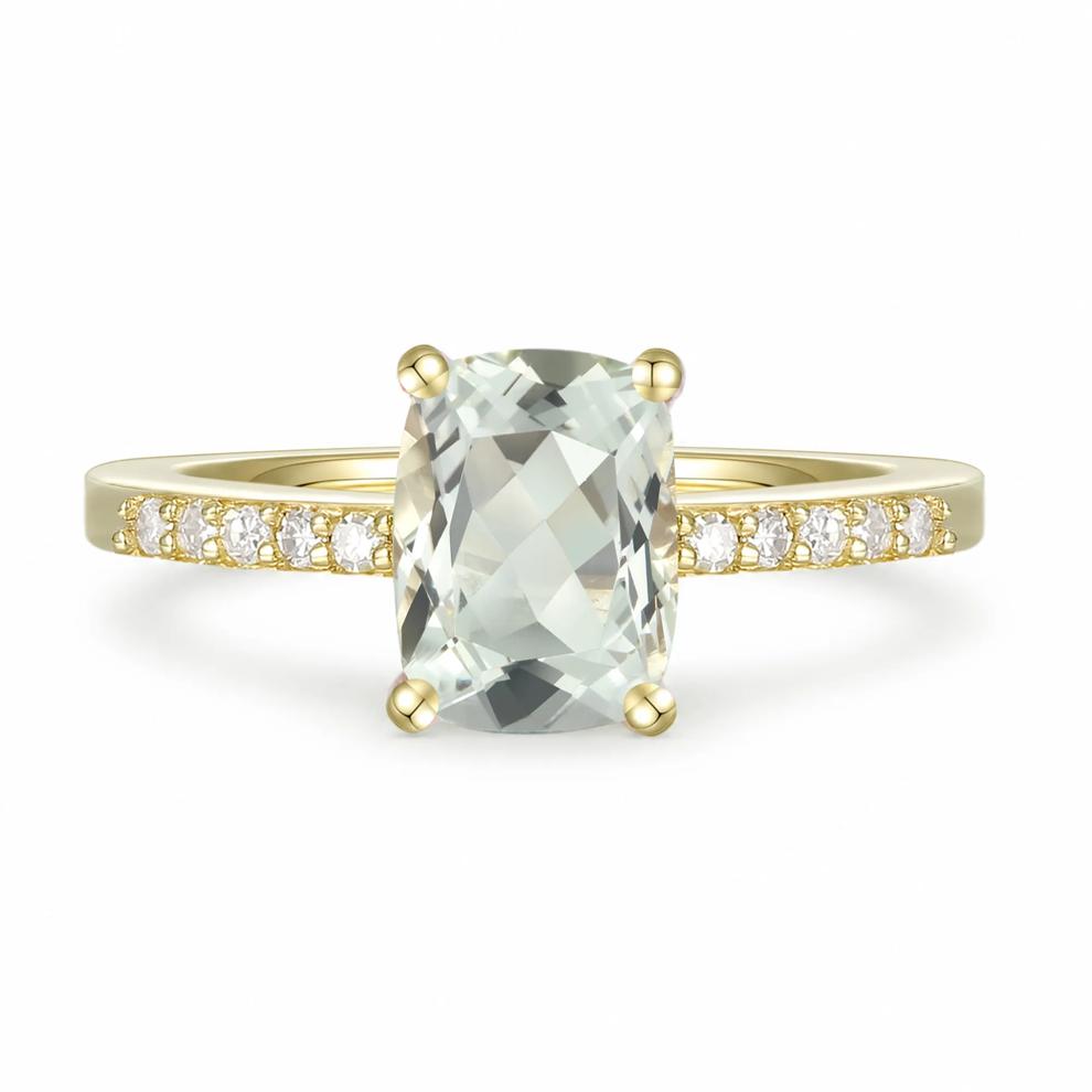 Cushion-Cut Green Amethyst &amp; Diamond Ring in 10K Yellow Gold (1/10 ct. tw.) – Image 1 of 4