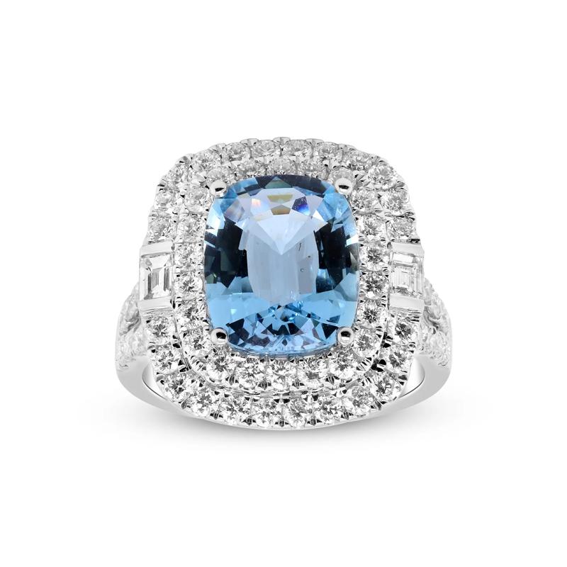 Aquamarine and Diamond Double Halo Ring in 14K White Gold &#40;1 5/8 ct. tw.&#41; – Image 1 of 4