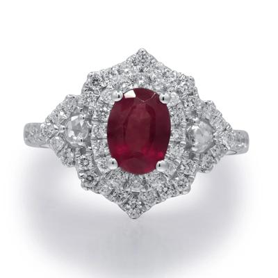 Ruby & Diamond Halo Ring in 18K White Gold (3/4 ct. tw.)