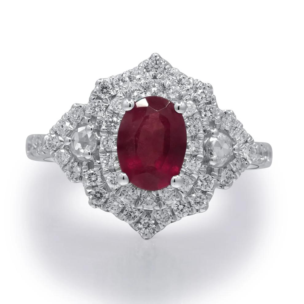 Ruby &amp; Diamond Halo Ring in 18K White Gold (3/4 ct. tw.) – Image 1 of 4