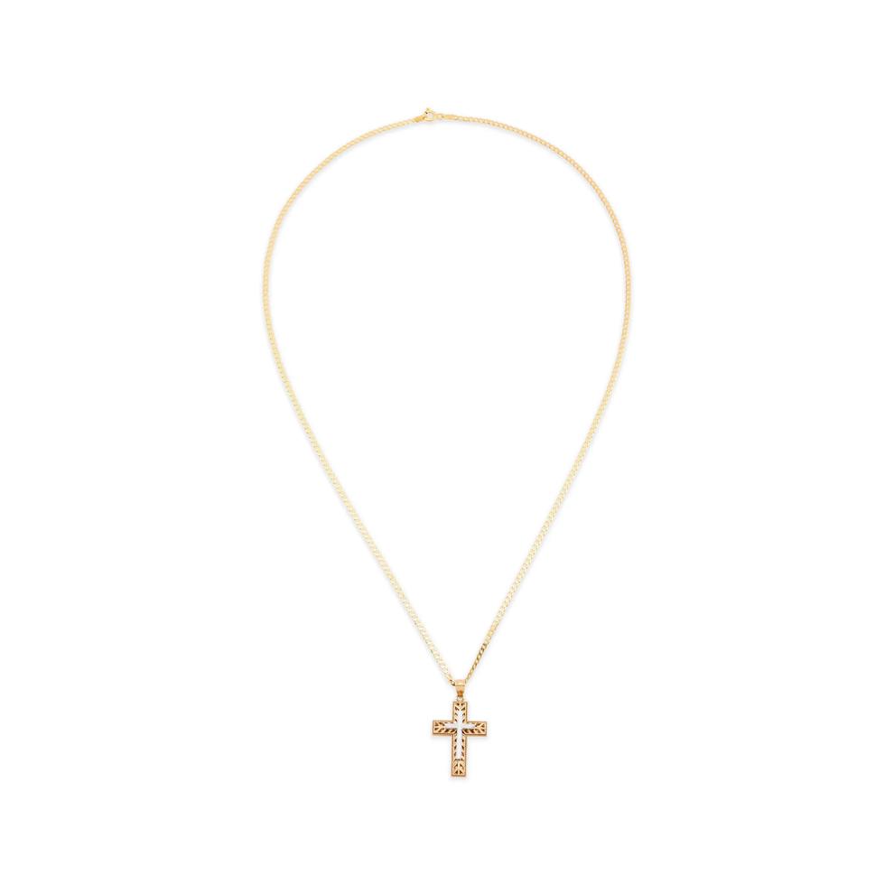 Cross Pendant Curb Chain Necklace in 10K Yellow &amp; White Gold – Image 3 of 4
