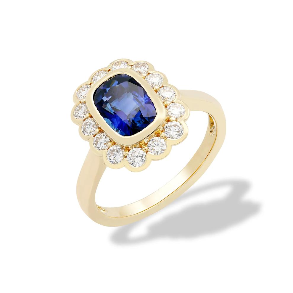 Cushion-Cut Blue Sapphire &amp; Diamond Halo Ring in 18K Yellow Gold (5/8 ct. tw.) – Image 2 of 2