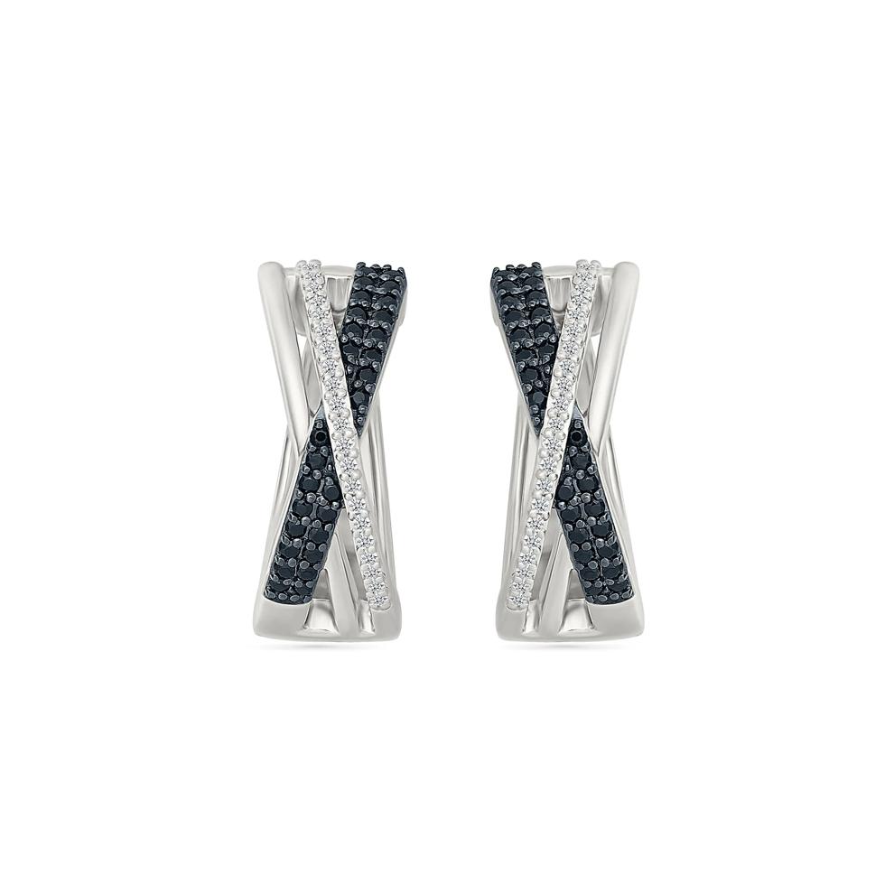 Black and White Diamond Crossover Hoop Earrings in Sterling Silver (3/8 ct. tw.) – Image 2 of 3