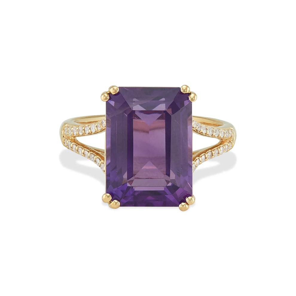 Emerald-Cut Amethyst &amp; Diamond Ring in 10K Yellow Gold (1/8 ct. tw.) – Image 1 of 4