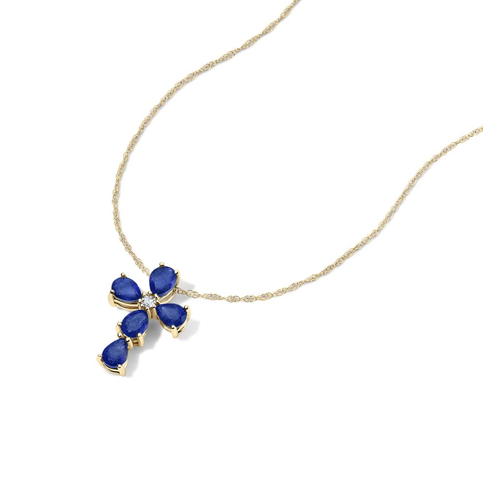 Blue Sapphire &amp; Diamond Accent Cross Pendant Necklace in 10K Yellow Gold – Image 4 of 4