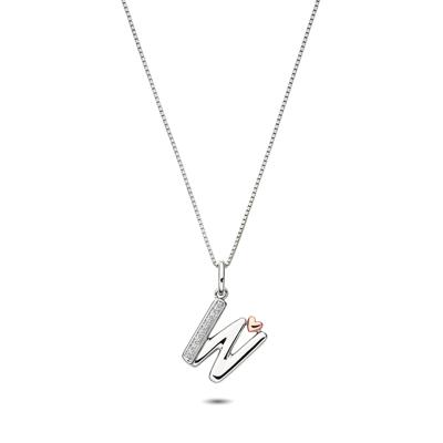Diamond Accent Initial W Pendant in Sterling Silver and 14K Rose Gold
