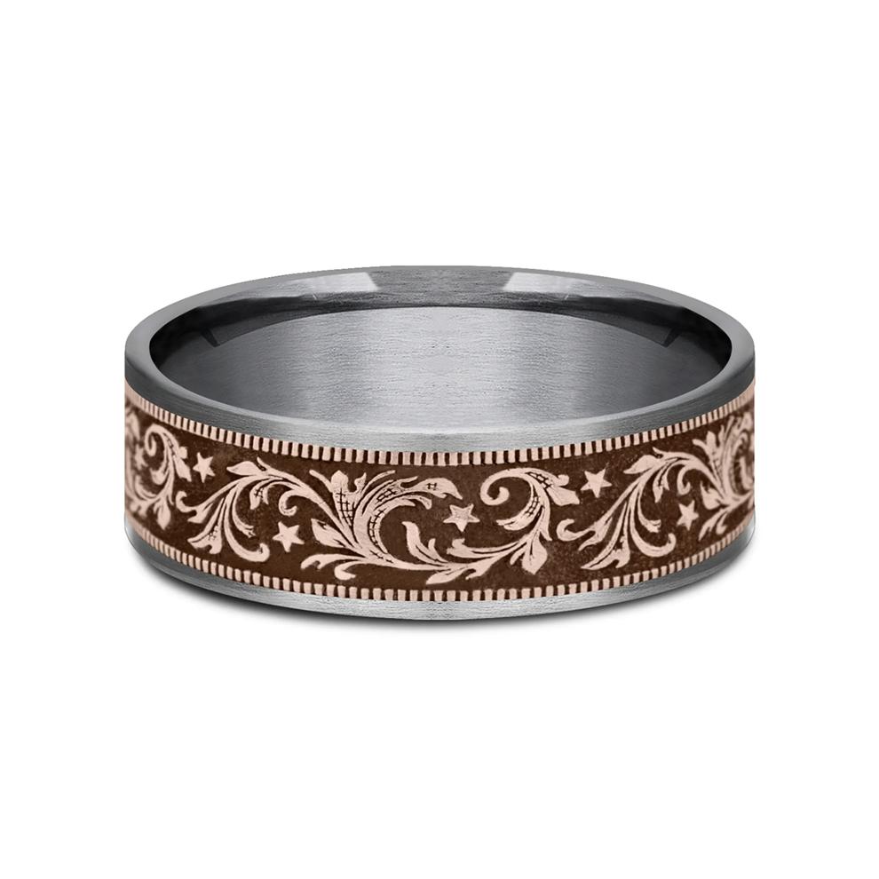 Men&rsquo;s Barrel Script &amp; Stars Wedding Band in 14K Gold &amp; Tantalum, 7.5MM  – Image 1 of 3