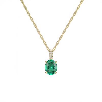 Lab-Created Emerald Oval & Diamond Accent Pendant Necklace in 10K Yellow Gold