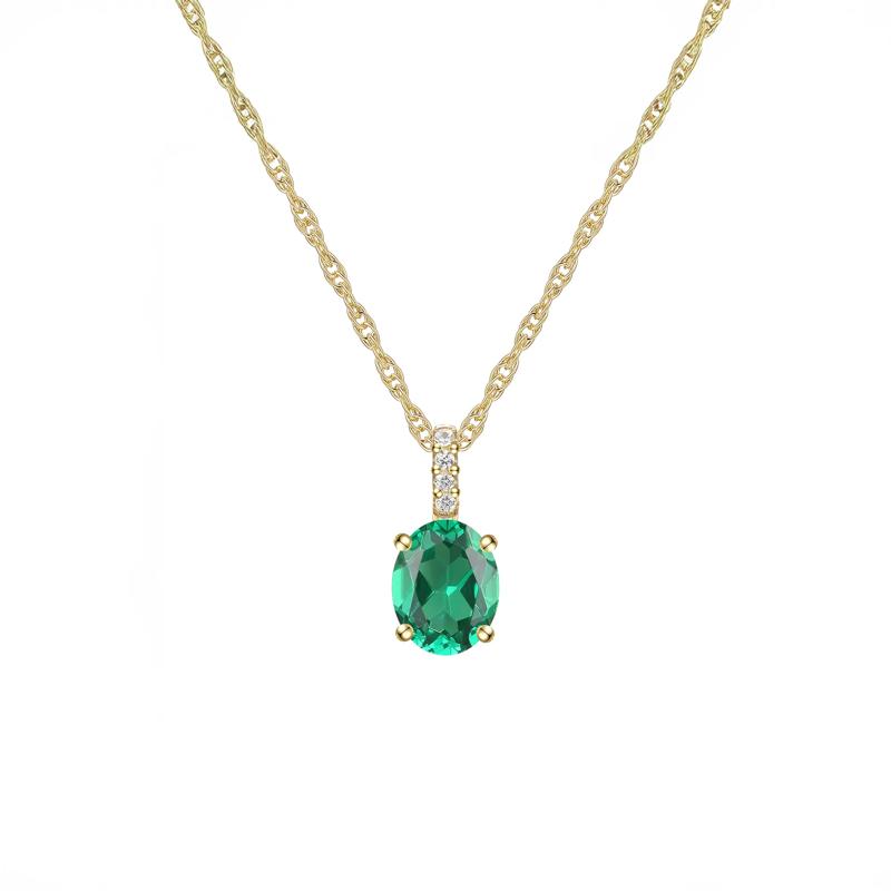 Lab-Created Emerald Oval &amp; Diamond Accent Pendant Necklace in 10K Yellow Gold – Image 1 of 3