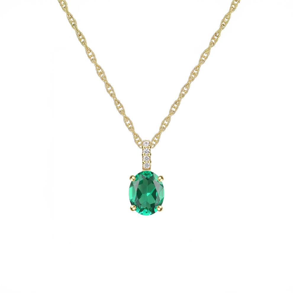Lab-Created Emerald Oval &amp; Diamond Accent Pendant Necklace in 10K Yellow Gold – Image 1 of 3